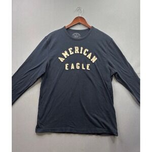 American Eagle Long Sleeve T-Shirt Mens Black Distressed Logo Athletic Fit L